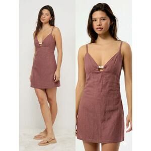 Sim & Sam Mocha Linen Blend Mini Dress NWT Smocked Back Size S Quiet Luxury
